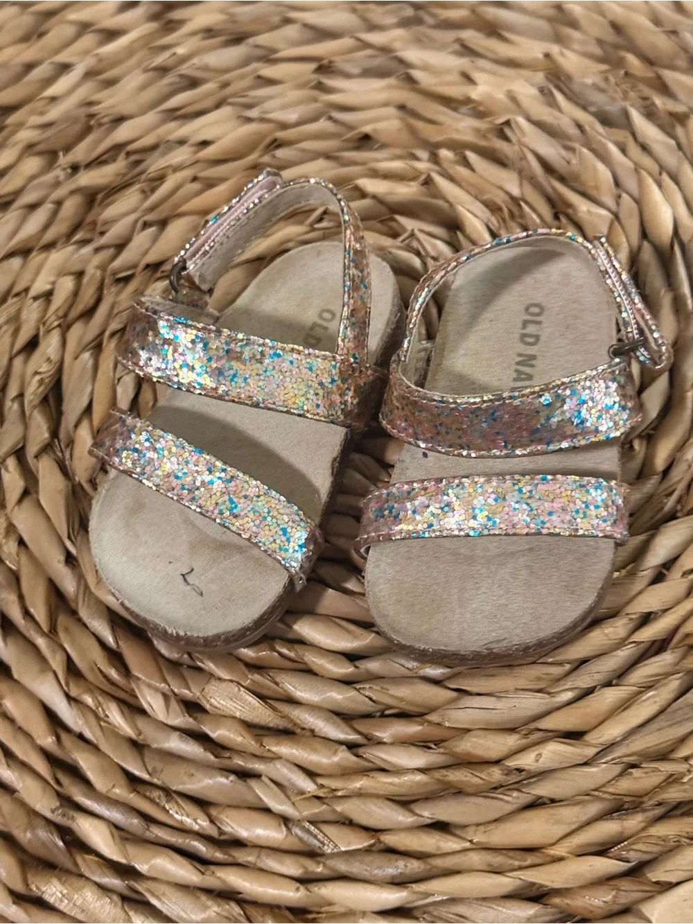 Old Navy Girls' Rose Gold Glitter Strap Sandals with Multicolor Sparkle